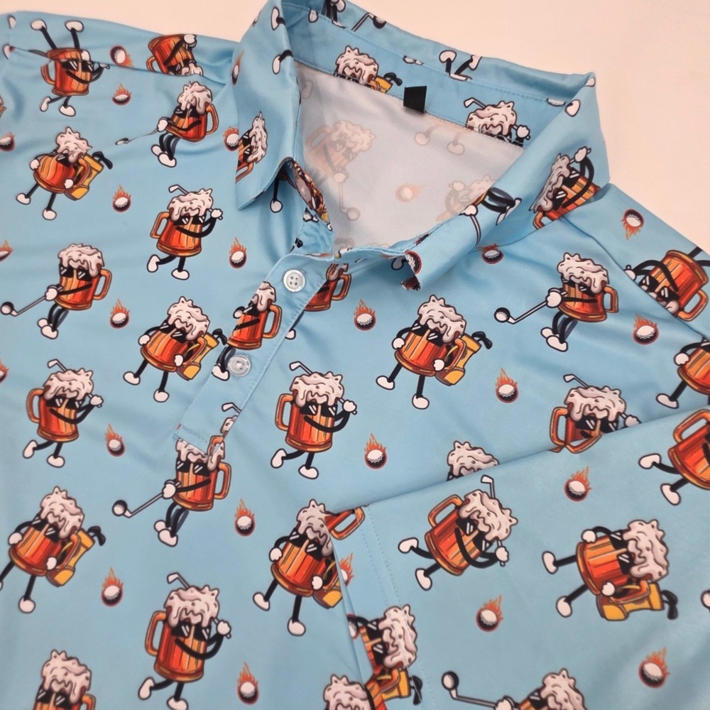 BEER MUGS FUNNY GOLFING POLO MENS XL BLUE AOP PERFORMANCE FIRE BALLS CARTOON EUC